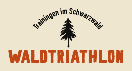 Ein Logo für den Triathlon in Trainingen. Oben steht der Text 'Triathlon in Trainingen', darunter befindet sich eine Tanne, und darunter steht das Wort 'Waldtriathlon'